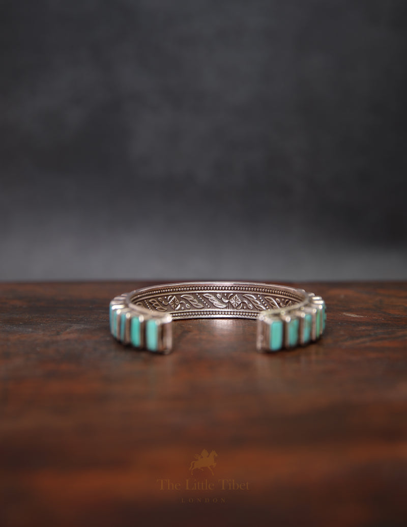 Chunky Tibetan Turquoise Bangle – 27 Elongated Turquoise Studs on Silver