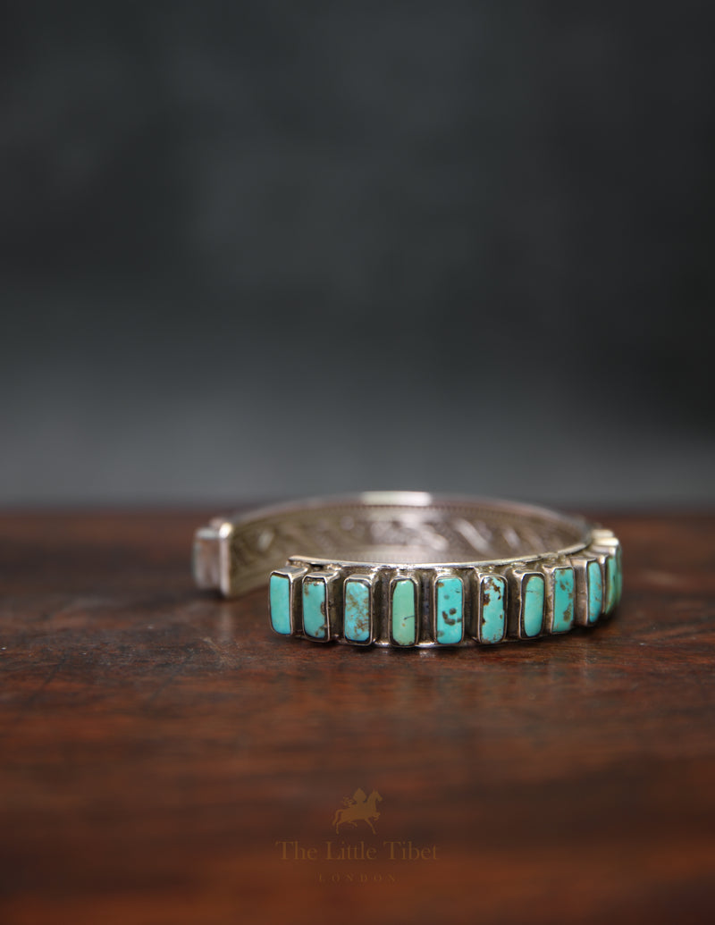 Chunky Tibetan Turquoise Bangle – 27 Elongated Turquoise Studs on Silver