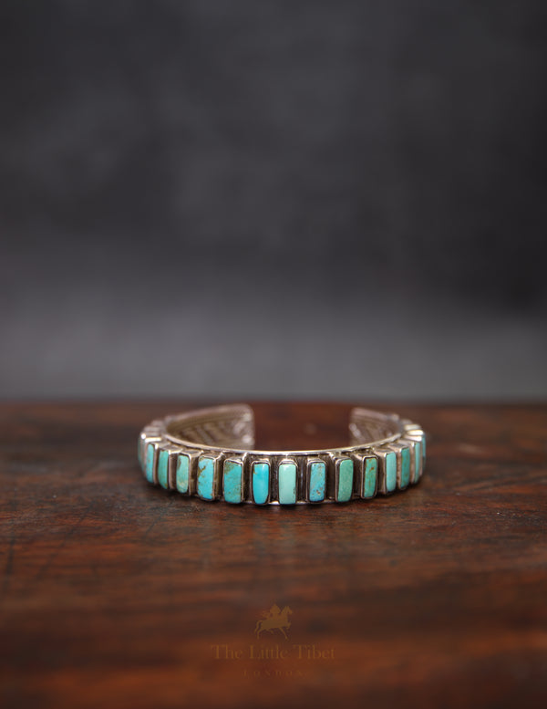 Chunky Tibetan Turquoise Bangle – 27 Elongated Turquoise Studs on Silver