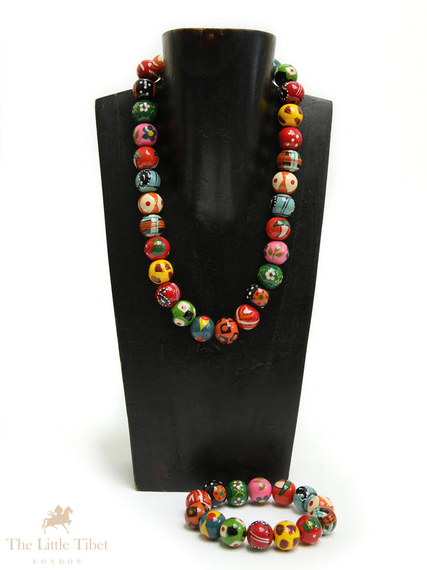 Hand-Painted Wooden Jewellery Set | Colourful Necklace & Bracelet – Painted Beads