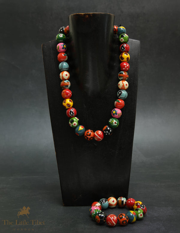 Hand-Painted Wooden Jewellery Set | Colourful Necklace & Bracelet – Painted Beads