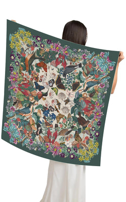 The Garden Square Silk Scarf-Teal Green