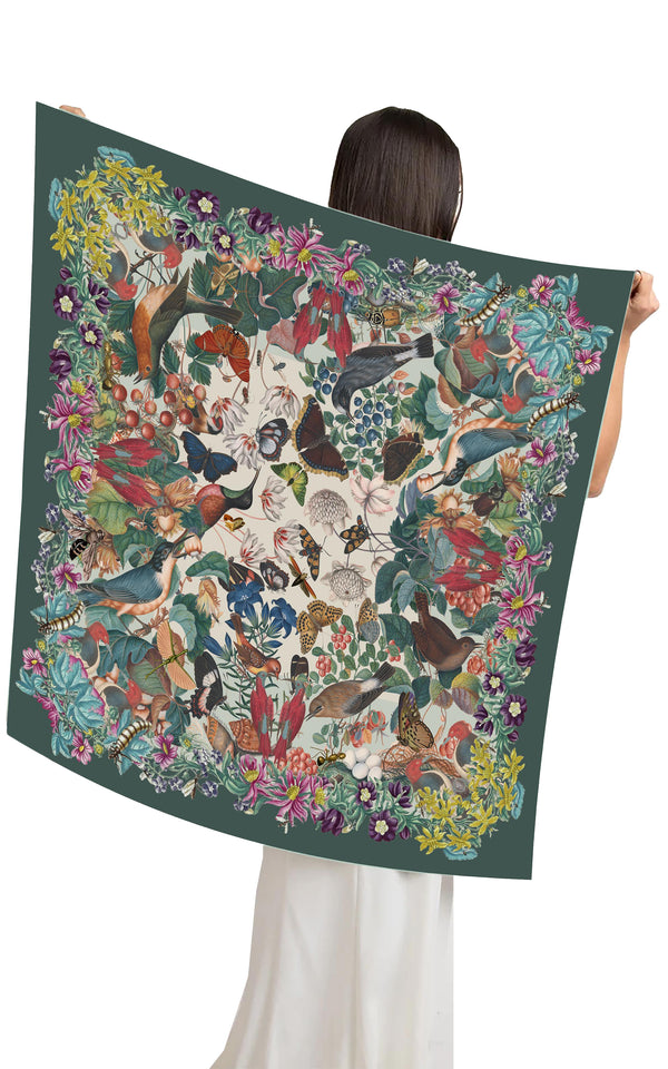 The Garden Square Silk Scarf-Teal Green