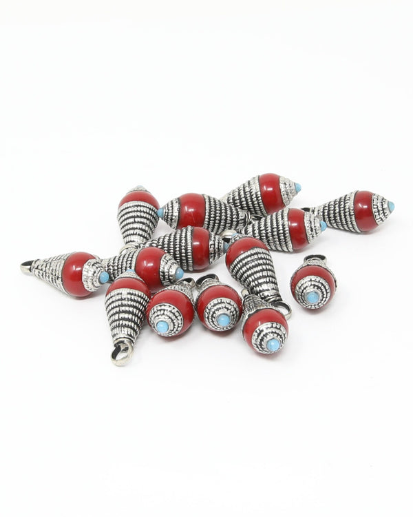 Tibetan Teardrop Pendant Beads – Resin & Metal Alloy (Pack of 5)