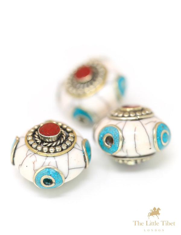 Saucer Beads - Nepal Beads - Inlay Beads - Turquoise Inlay Beads - Tibetan Inlaid Beads -Tibet beads - E2