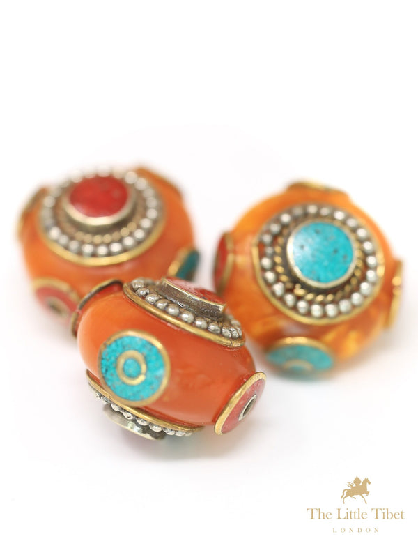 Saucer Beads - Nepal Beads - Inlay Beads - Turquoise Inlay Beads - Tibetan Inlaid Beads -Tibet beads - E2