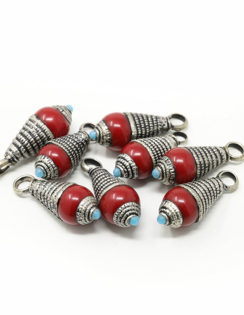 Tibetan Teardrop Pendant Beads – Resin & Metal Alloy (Pack of 5)