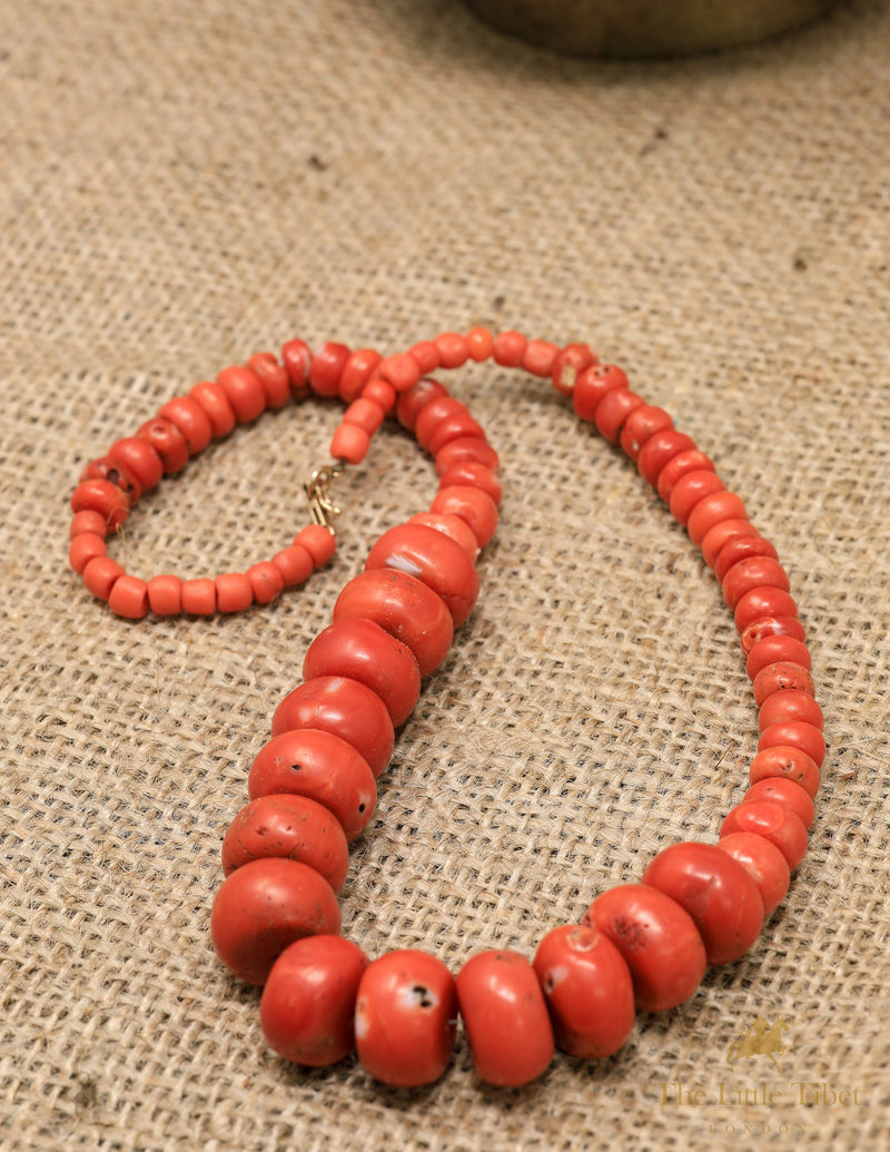Lhasa Tibet Old Coral Bead - Vintage Tibetan Red Coral Necklace for Antique Collectors - Authentic Retro Tibetan Red Coral Buddhist Beads
