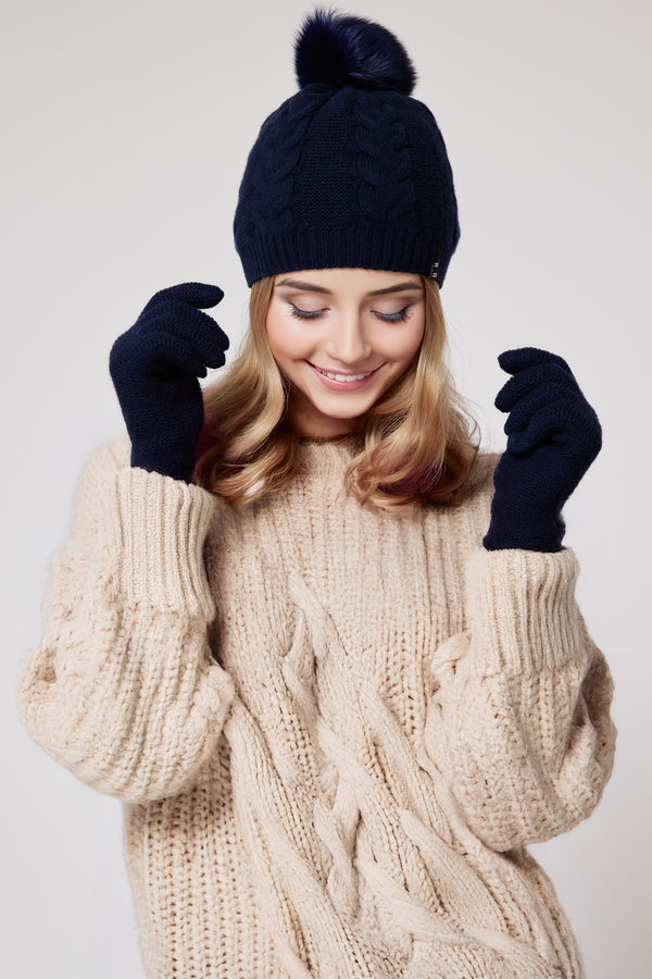 Mongolian Cashmere Ladies Hat – Navy with Faux Fur Pom Pom