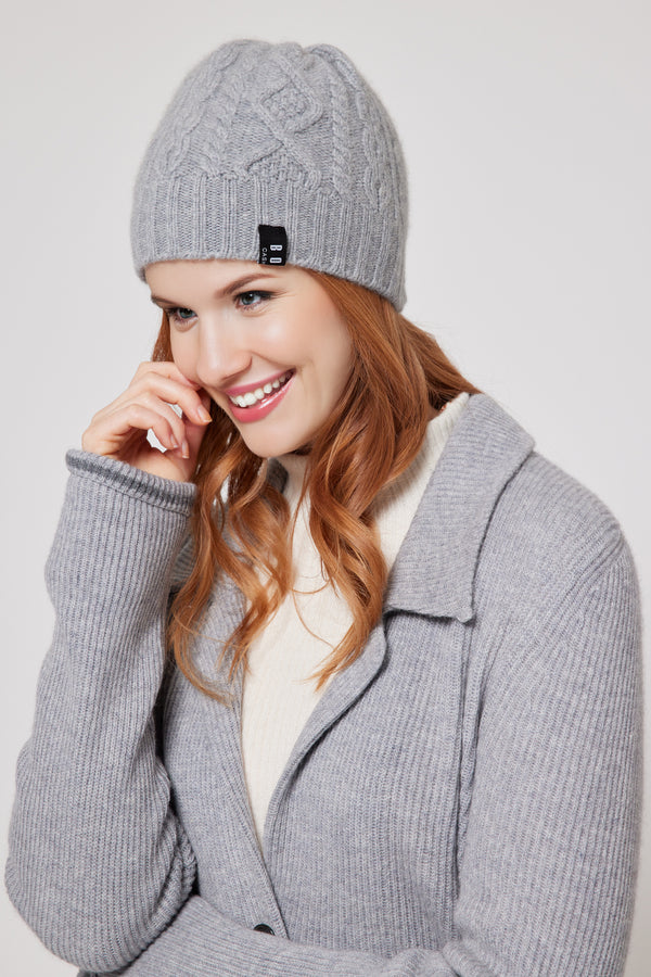 Unisex Mongolian Cashmere Cable-Knit Hat – Soft, Lightweight and Warm (Grey)