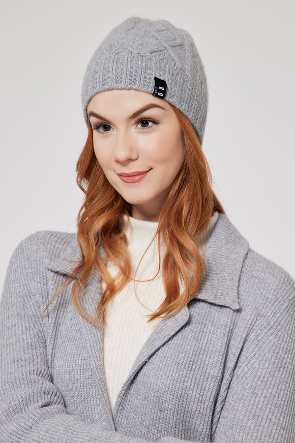 Unisex Mongolian Cashmere Cable-Knit Hat – Soft, Lightweight and Warm (Grey)