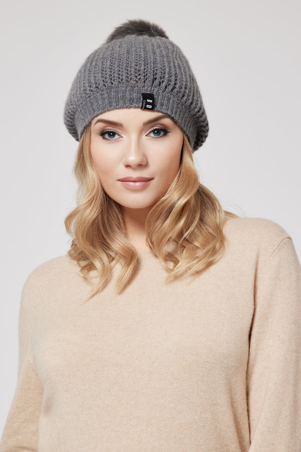 Women’s Mongolian Cashmere Hat with Faux Fur Pom Pom – Soft, Lightweight and Warm (Grey)