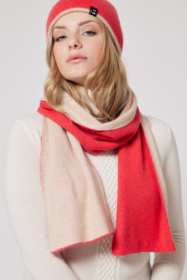 Women’s Mongolian Cashmere Hat & Scarf Set – Soft, Lightweight and Reversible (Red & Cream)