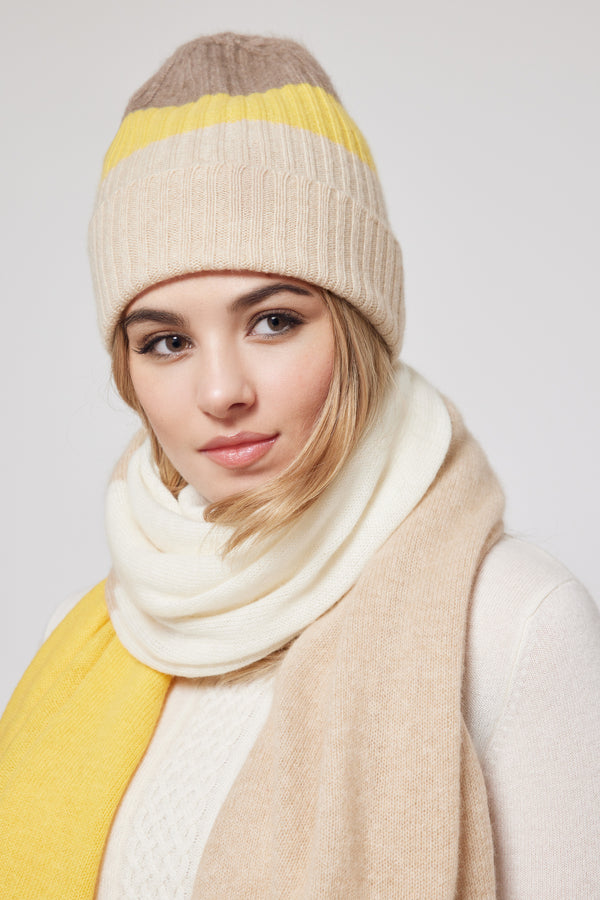 Women’s Mongolian Cashmere Hat & Scarf Set – Colourblock Yellow, Cream and Beige