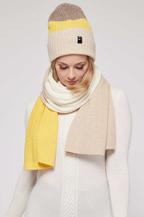 Women’s Mongolian Cashmere Hat & Scarf Set – Colourblock Yellow, Cream and Beige