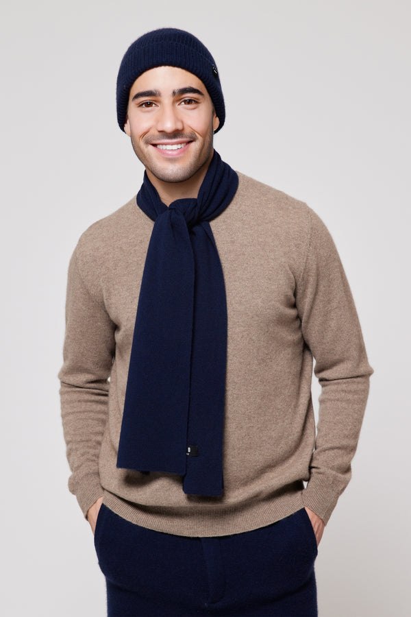 Men’s Mongolian Cashmere Hat & Scarf Set – Soft, Lightweight and Warm (Navy)