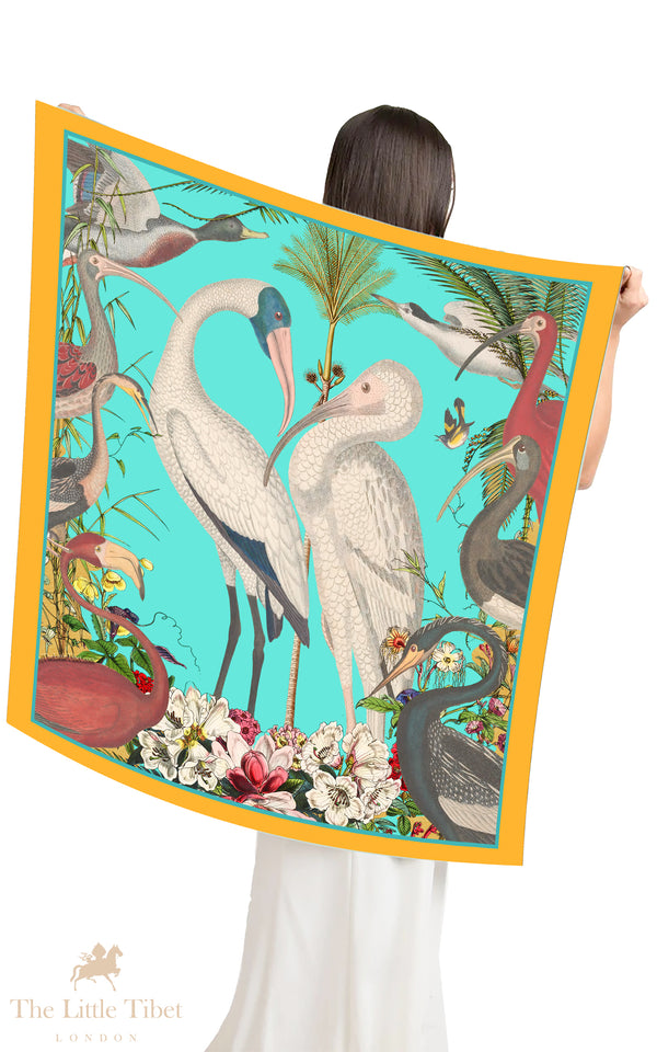 Sea Bird Representation Silk Scarf – 100% Pure Silk Twill (Beige & Turquoise)