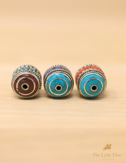 Tibetan Turquoise Coral Resin Brass Inlaid Barrel Beads - E3