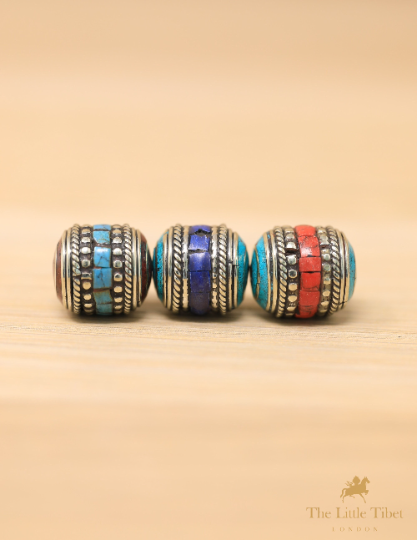 Tibetan Turquoise Coral Resin Brass Inlaid Barrel Beads - E3