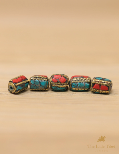 Tibetan Turquoise Inlaid Barrel Coral Brass Beads for Ethnic Neckpiece - C7