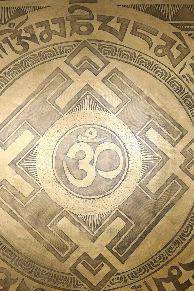 Large Mandala Gong, hand etching of mantra of Buddha of Compassion, The Little Tibet