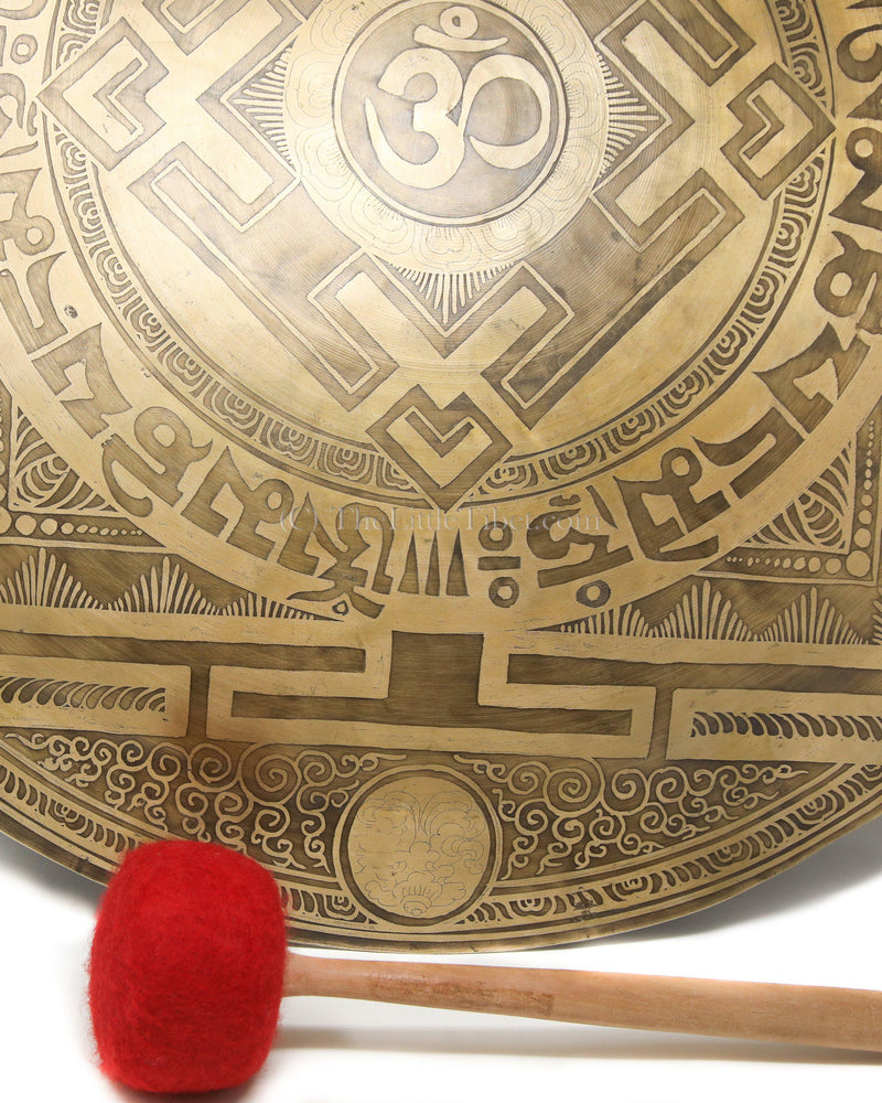 Large Mandala Gong, hand etching of mantra of Buddha of Compassion, The Little Tibet