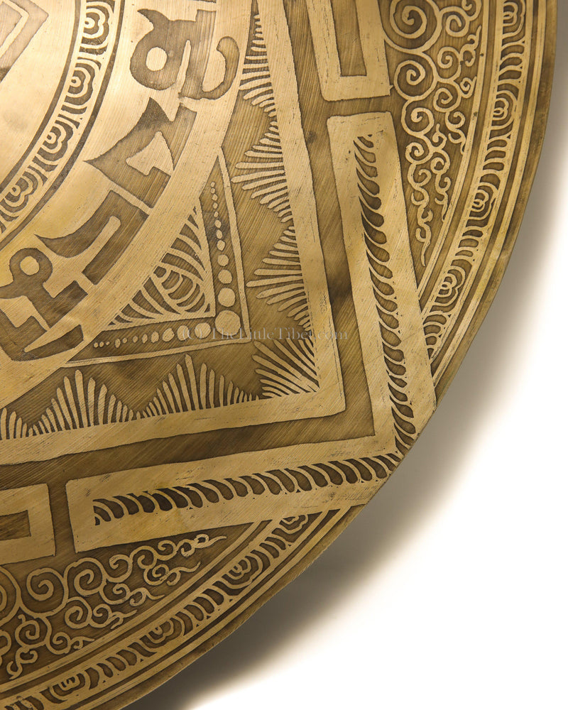 Large Mandala Gong, hand etching of mantra of Buddha of Compassion, The Little Tibet