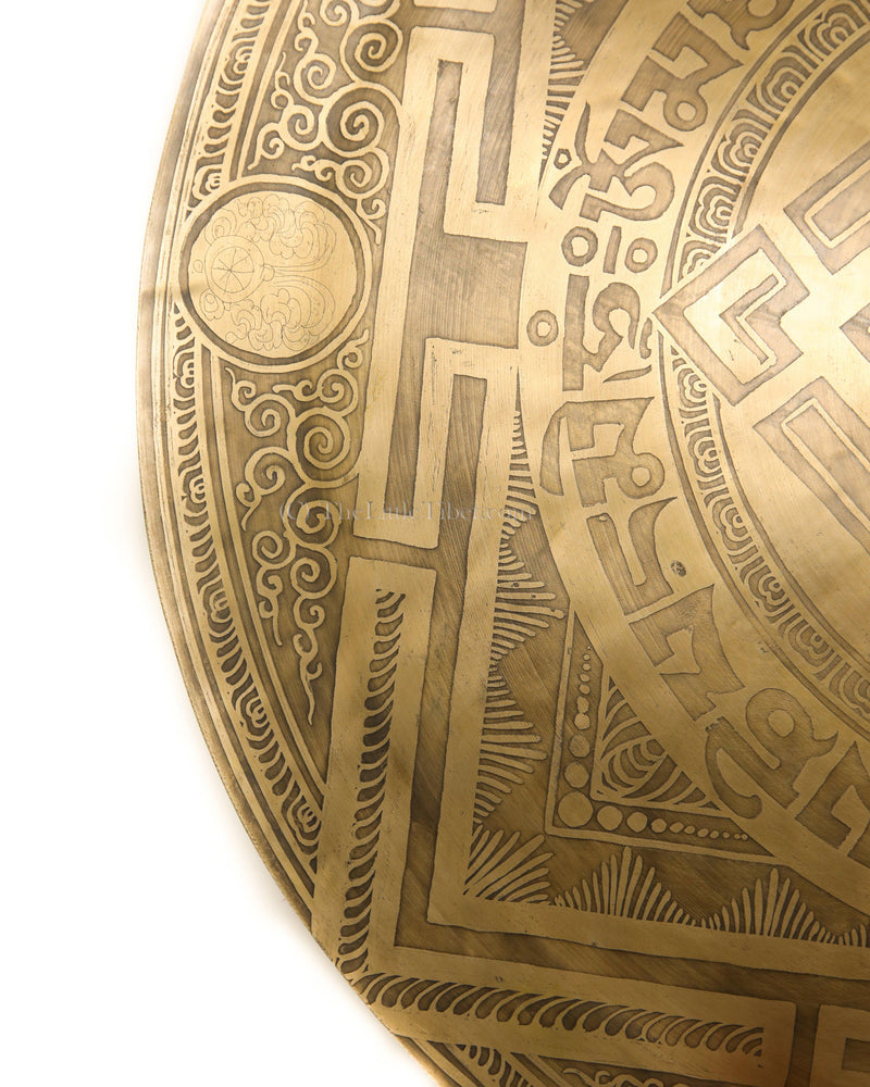 Large Mandala Gong, hand etching of mantra of Buddha of Compassion, The Little Tibet