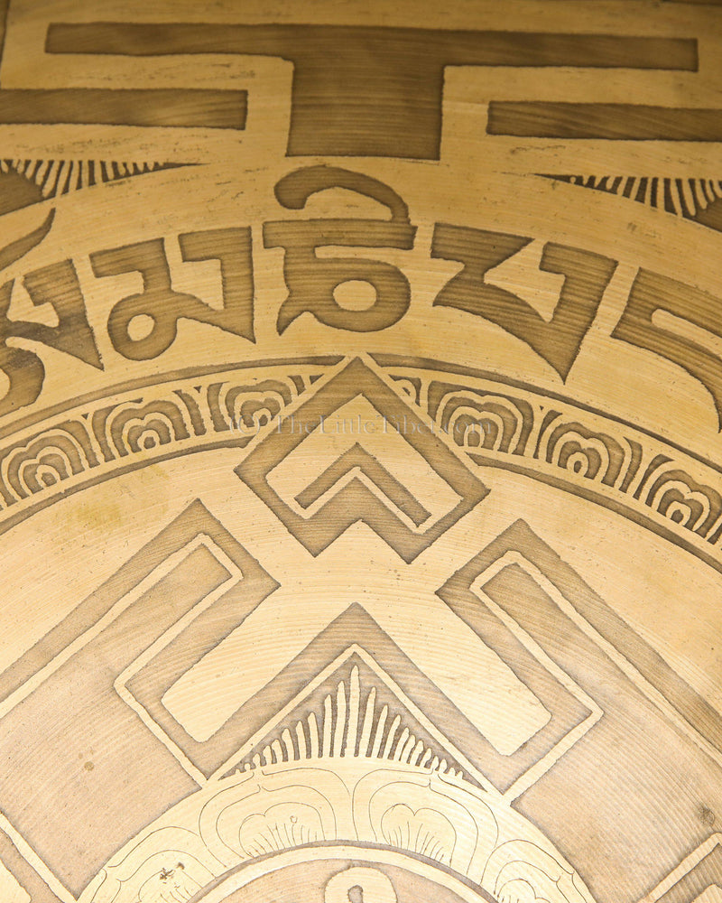 Large Mandala Gong, hand etching of mantra of Buddha of Compassion, The Little Tibet