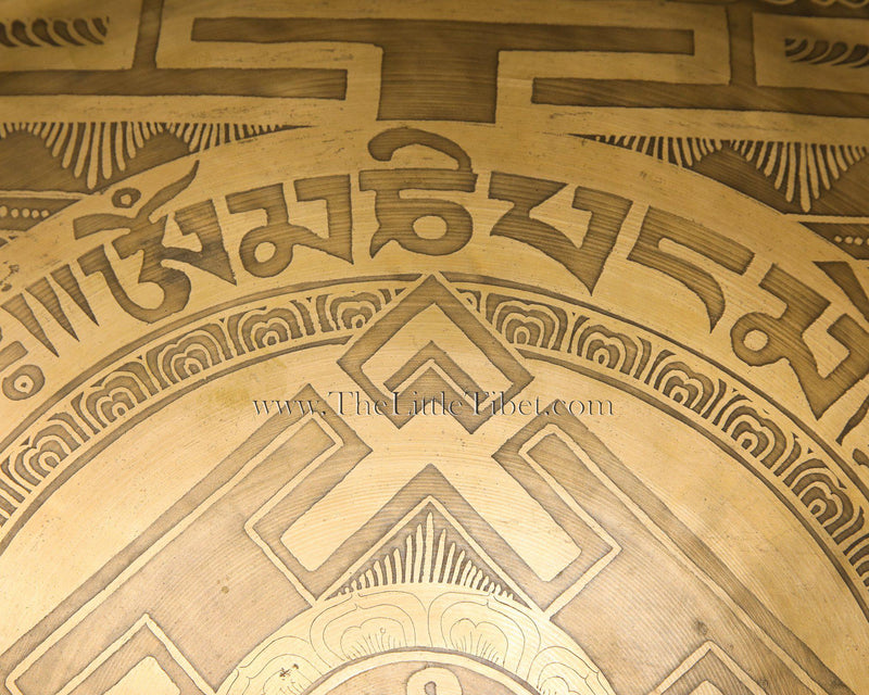 Large Mandala Gong, hand etching of mantra of Buddha of Compassion, The Little Tibet