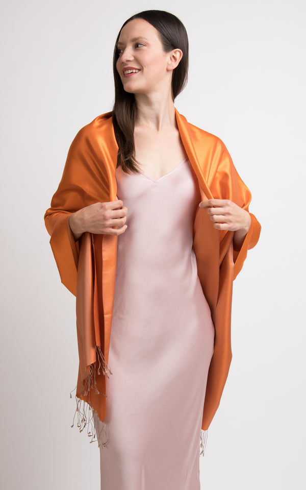 Florence Orange Fine Silk Wrap Pashmina shawl- TT45-218, The Little Tibet