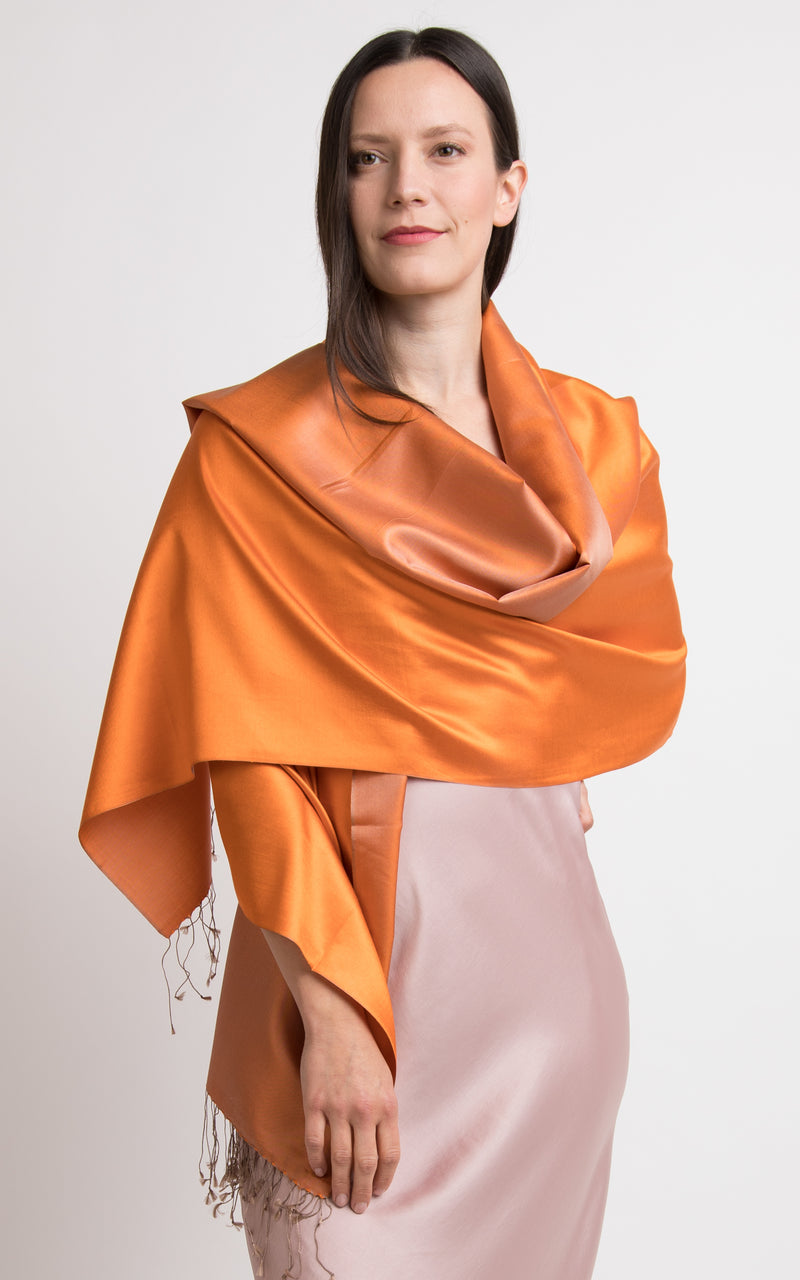 Florence Orange Fine Silk Wrap Pashmina shawl- TT45-218, The Little Tibet
