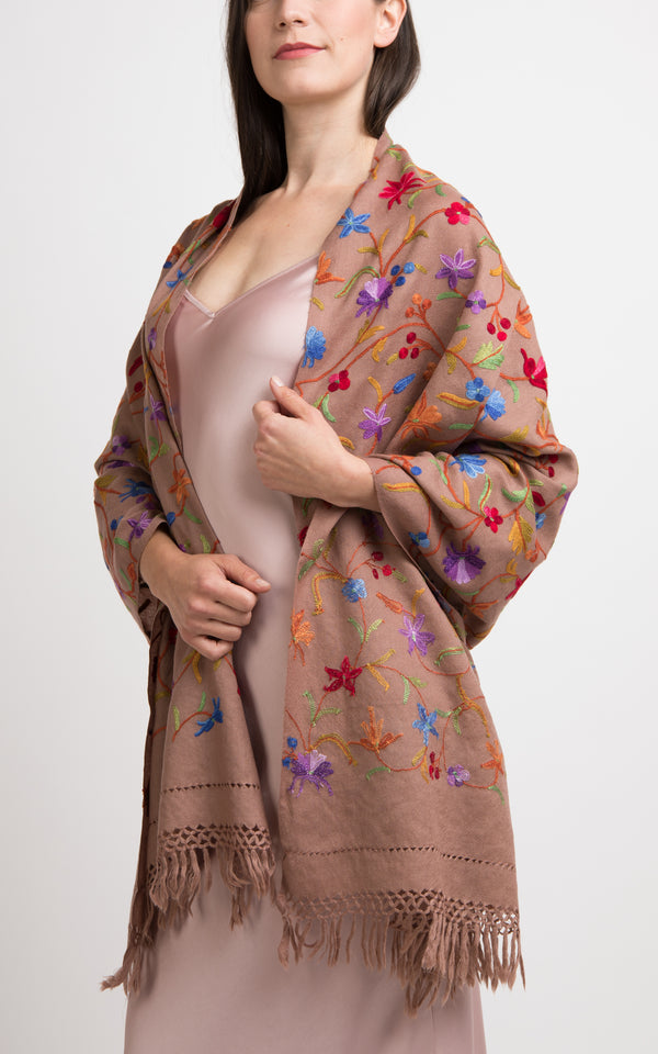 Floral Pecan Embroidered Wool Scarf Shawl, The Little Tibet
