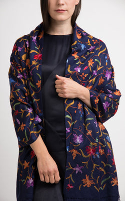 Floral Blue Embroidered Wool Scarf Shawl, The Little Tibet