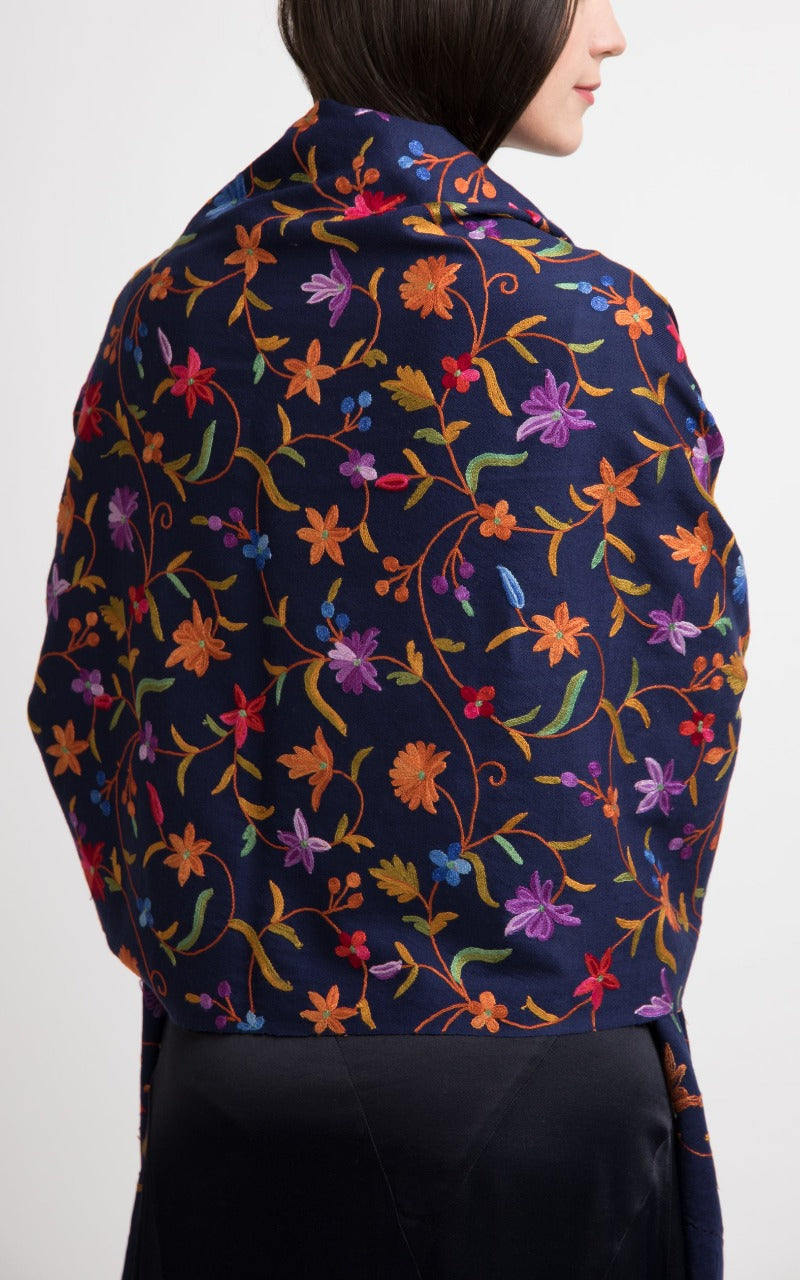 Floral Blue Embroidered Wool Scarf Shawl, The Little Tibet