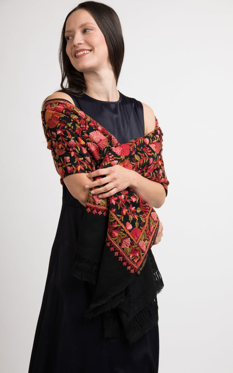 Maya Hand Embroidered Wool Shawl, The Little Tibet