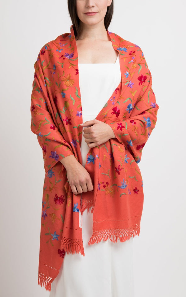 Floral Orange Embroidered Wool Scarf Shawl, The Little Tibet