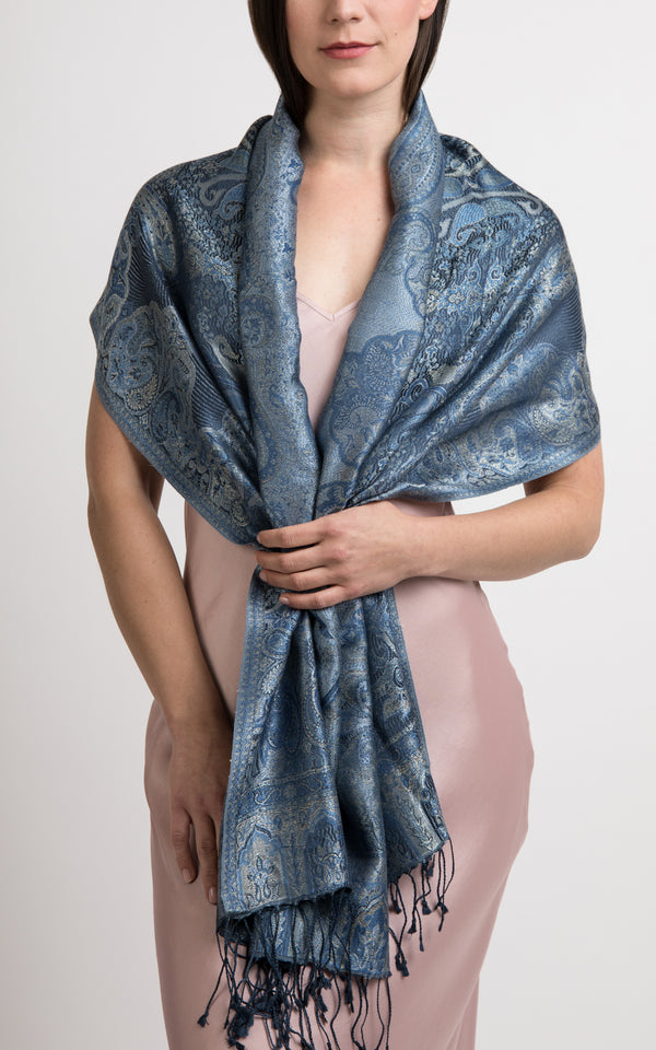 Harriet Navy Silk Pashmina - LM 312 - The Little Tibet