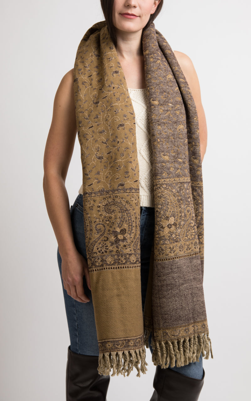 Brown and sand beige reversible chunky knit scarf