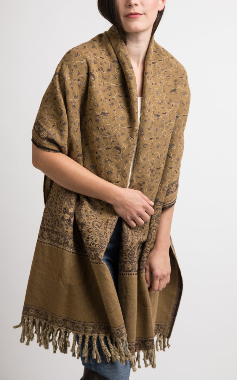 Brown and sand beige reversible chunky knit styled shawl, The Little Tibet