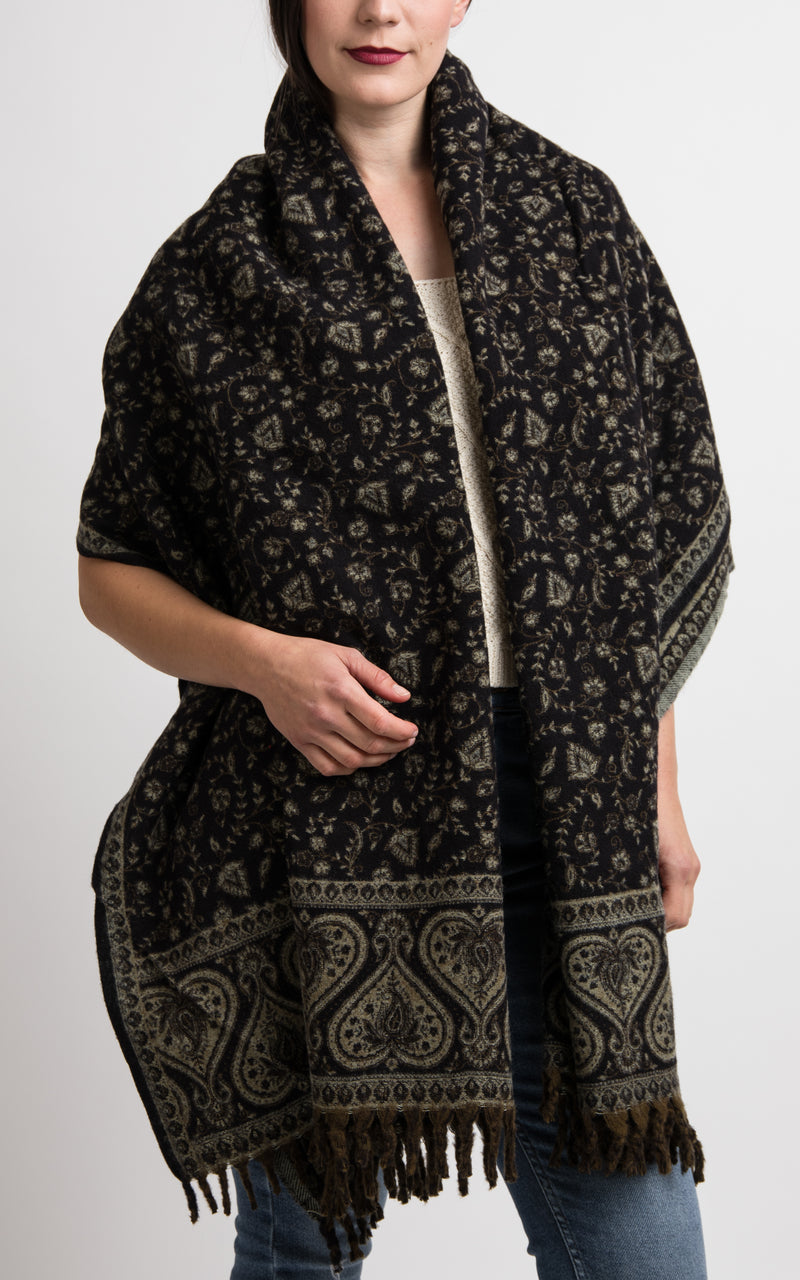 Black and light beige heart floral pattern reversible shawl, The Little Tibet