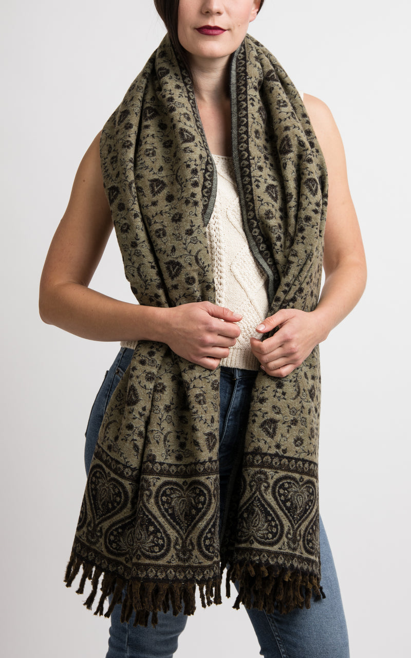 Gorgeous black and light beige heart floral pattern chunky knit scarf, The Little Tibet 