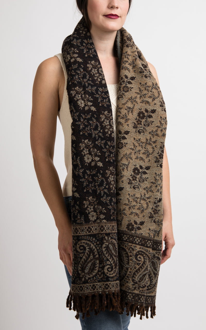 Black and beige paisley floral pattern chunky knit pashmina shawl, The Little Tibet