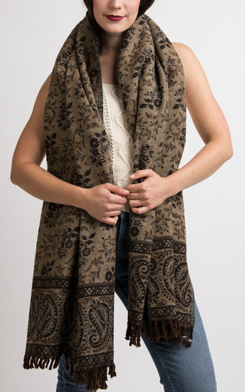 Black and beige paisley floral pattern reversible chunky knit scarf pashmina shawl, The Little Tibet