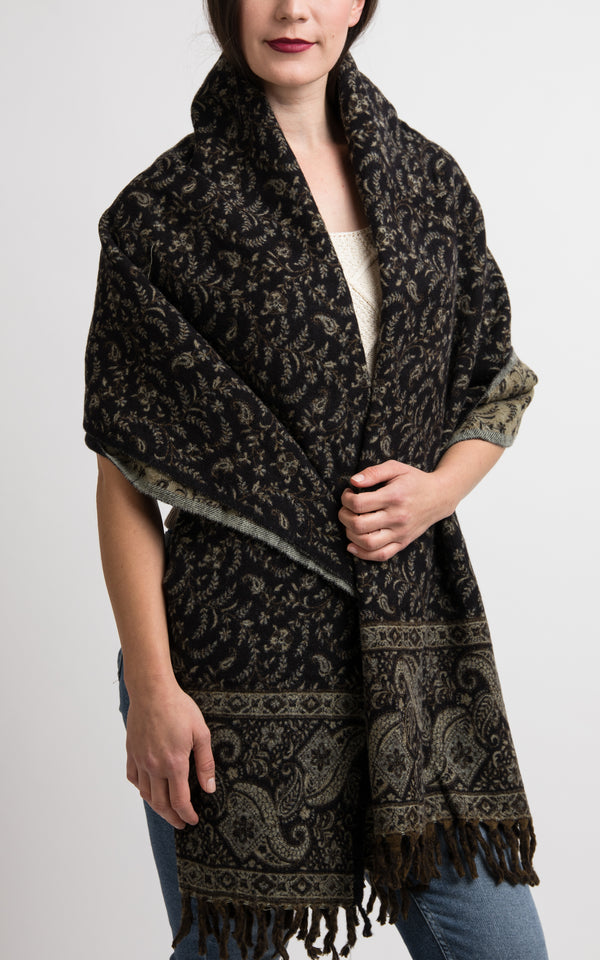 Charcoal Black with diamond paisley pattern Tibetan wool shawl styled as wrap, The Little Tibet