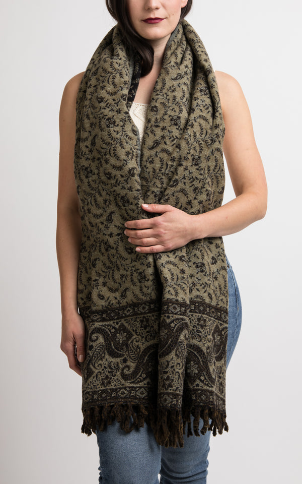 Charcoal Black with diamond paisley pattern reversible Tibetan wool shawl chunky knit, The Little Tibet