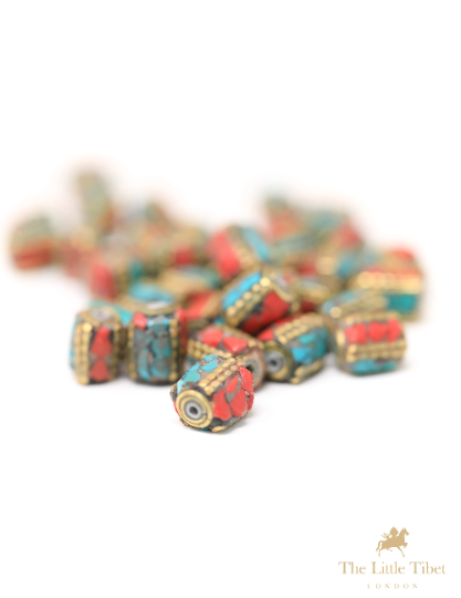 Tibetan Turquoise Inlaid Barrel Coral Brass Beads for Ethnic Neckpiece - C7