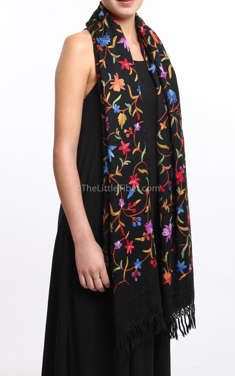 Black Beauty Embroidered Wool Shawl - wool scarf, Black Beauty, The Little Tibet