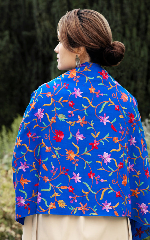 Floral Blue Hand Embroidered Shawl