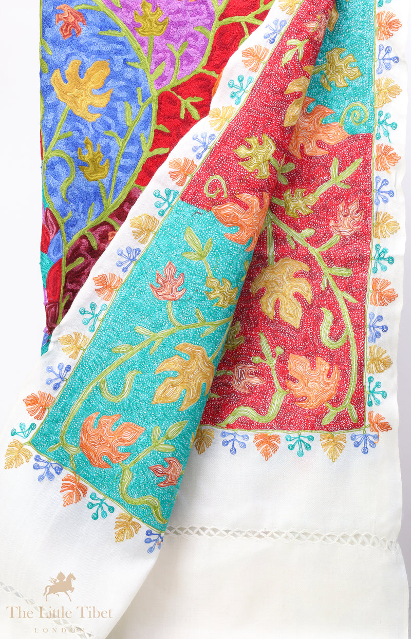 Dense hand embroidery white woollen embroidered Shawl #EM101-9